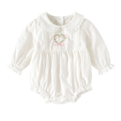 Cotton Lace Edge Floral-embroidered Long Sleeve Regular Bodysuit - White - 12-24M - image 1