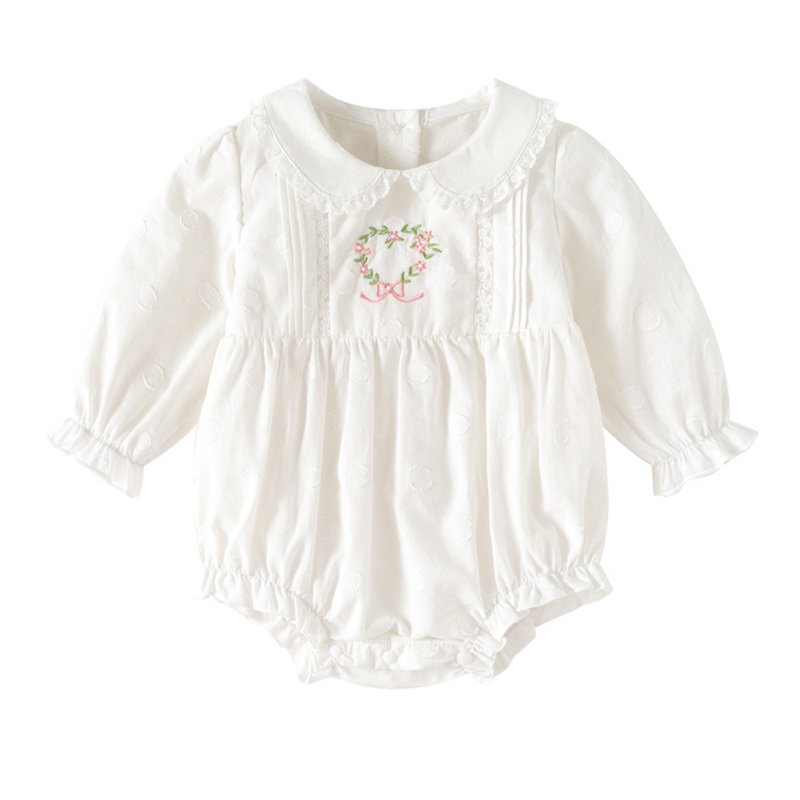Cotton Lace Edge Floral-embroidered Long Sleeve Regular Bodysuit - White - 12-24M - image 1