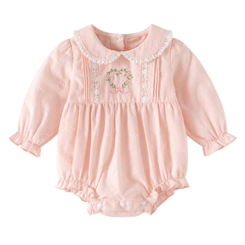 [Archive Sale] Cotton Lace Edge Floral-embroidered Long Sleeve Regular Bodysuit - Pink - 12-24M - image 1