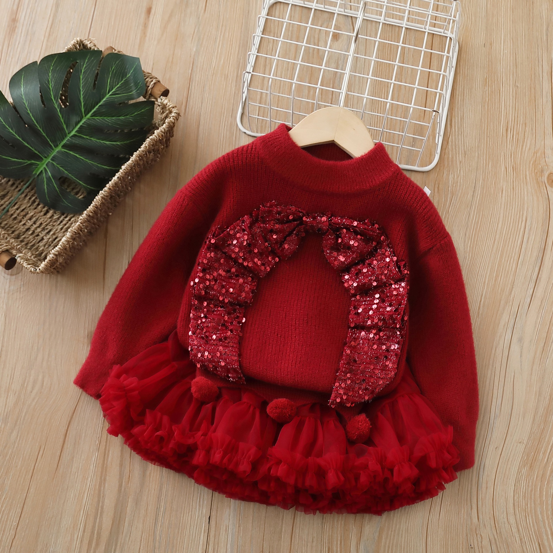 Knitwear Bow Long Sleeve Regular Two-piece Set - Red - 6-7Y - image 2