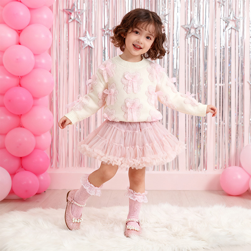 Acrylic Little Bear Bow Long Sleeves Midi Two-piece Set - Pink Set - 7-8Y - image 17
