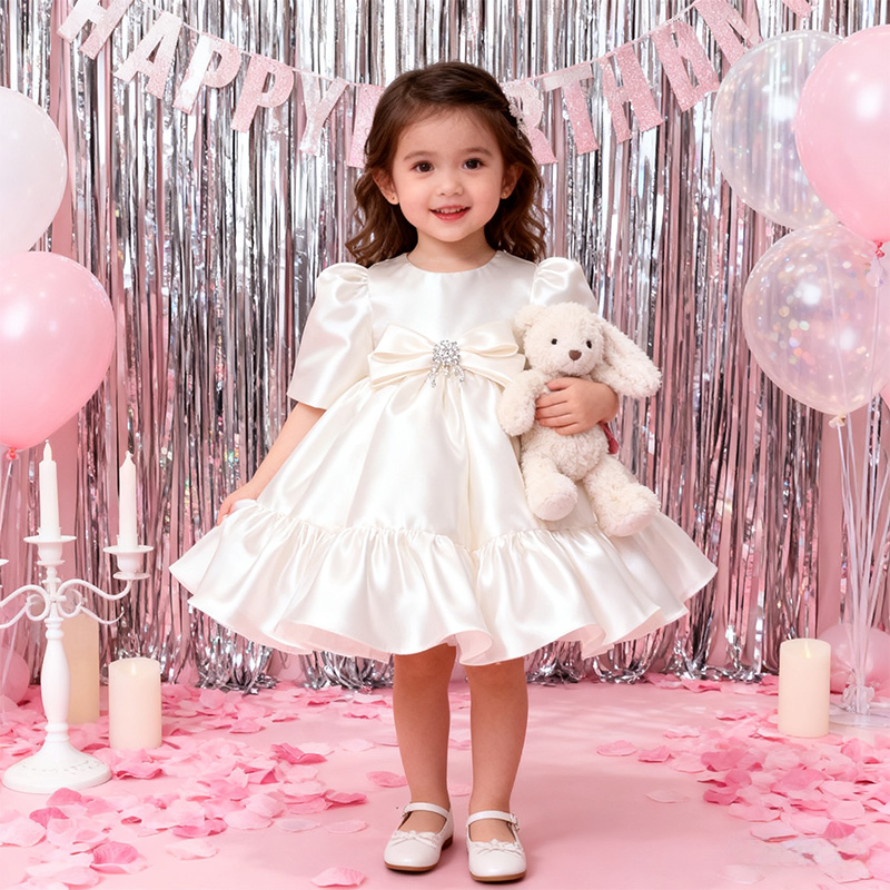 [Archive Sale] Satin Bow Long Sleeve Mid-long Dresses - White - 110cm - image 1