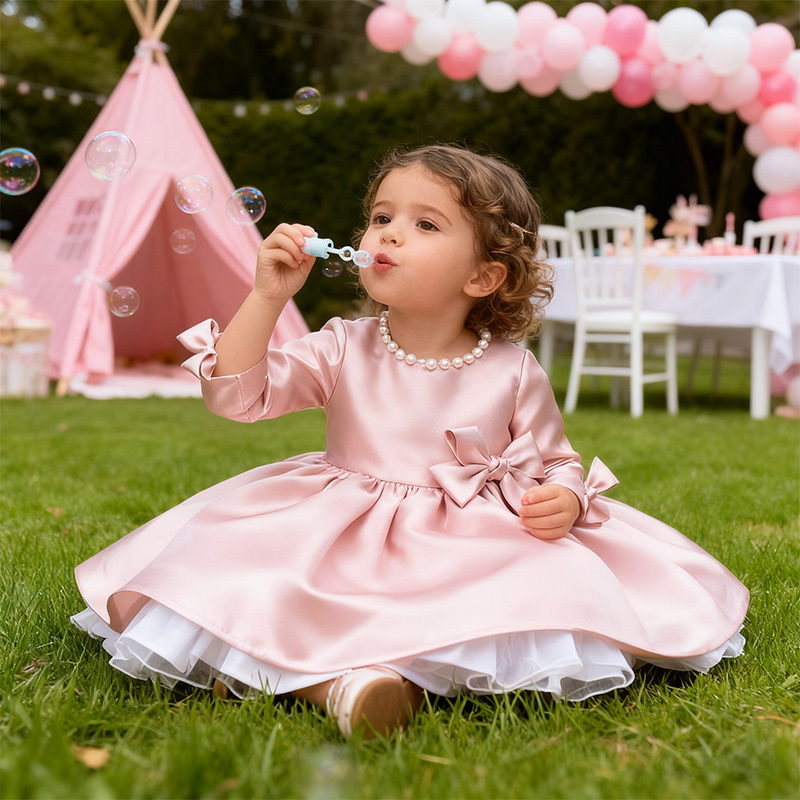 [Archive Sale] Satin Bow Imitation Pearls Long Sleeve Mid-long Dresses - image 6