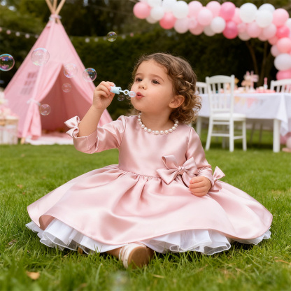 [Archive Sale] Satin Bow Imitation Pearls Long Sleeve Mid-long Dresses - image 6