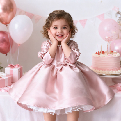 [Archive Sale] Satin Bow Imitation Pearls Long Sleeve Mid-long Dresses - image 2