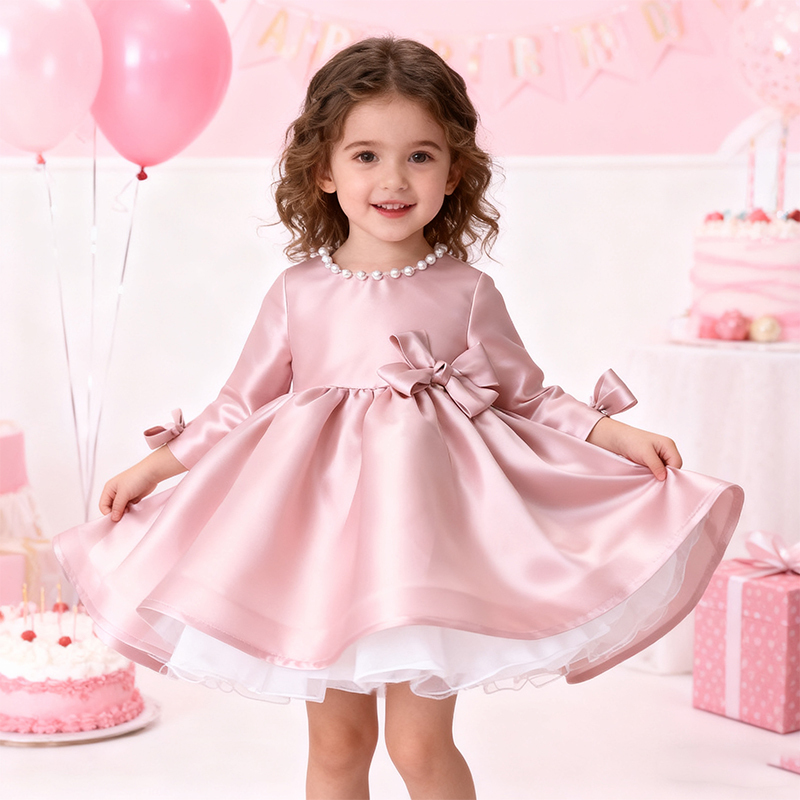 Satin Bow Imitation Pearls Long Sleeve Mid-long Dresses - Pink - 11-13Y - image 1