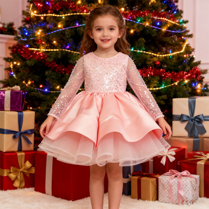 Satin Folds Sequins Long Sleeve Midi Dresses - image 6