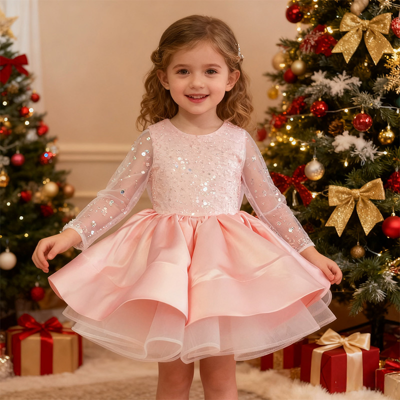 Satin Folds Sequins Long Sleeve Midi Dresses - Pink - 15-16Y - image 5