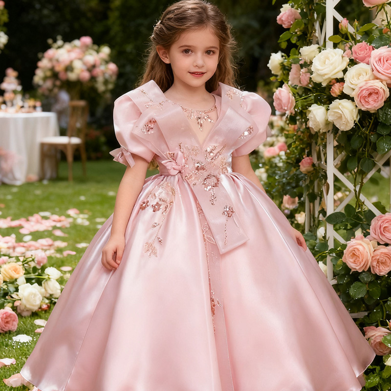 Organza Folds Rosette Short Sleeve Maxi Dresses - Pink - 15-16Y - image 1