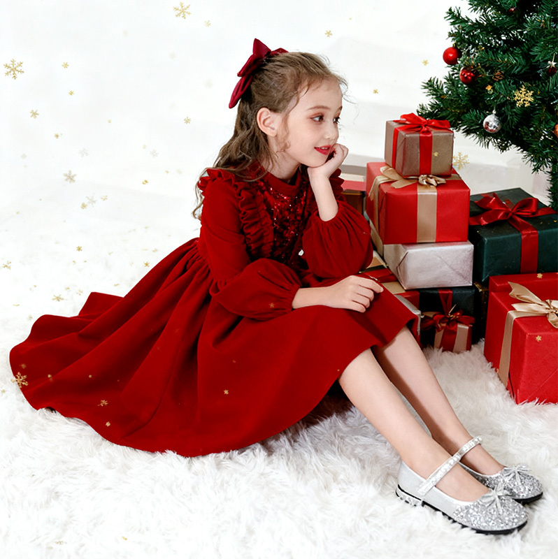 Velvet Sequins Flouncing Half Sleeve Mid-long Dresses - image 11