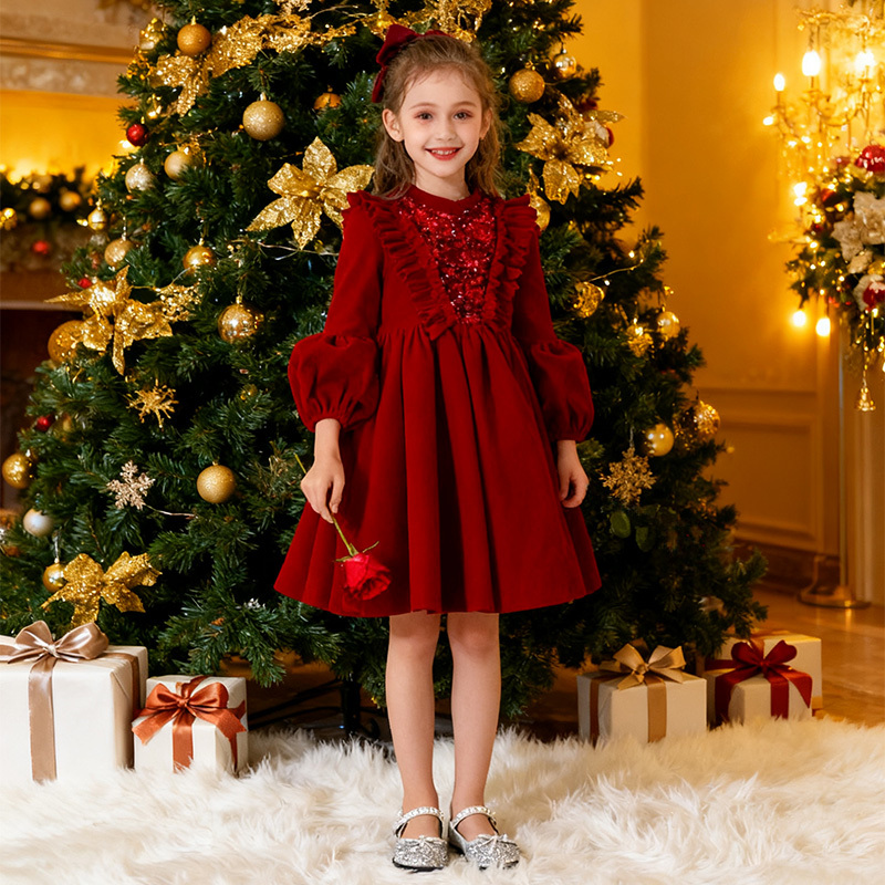 Velvet Sequins Flouncing Half Sleeve Mid-long Dresses - Short Red - 12-13Y - image 9