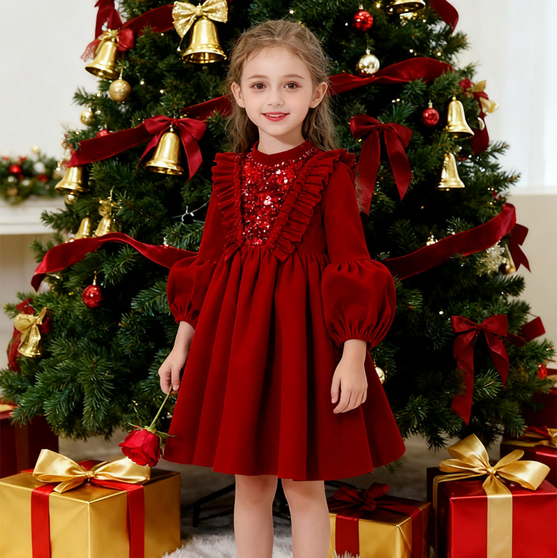 Velvet Sequins Flouncing Half Sleeve Mid-long Dresses - Long Red - 12-13Y - image 1