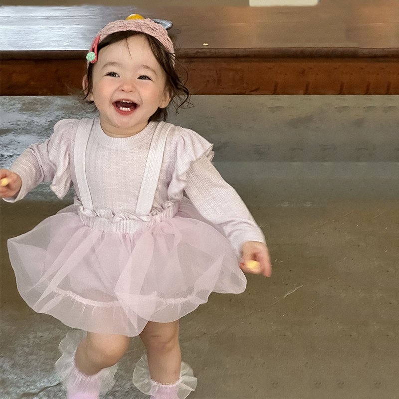 [Archive Sale] Mesh Split Joint Long Sleeve Midi Two-piece Set - Pink Set - 1-2Y - image 1