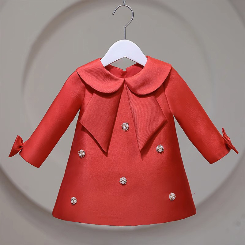 Satin Bow Long sleeve Midi Dresses - Red - 7-8Y - image 7