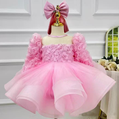 Chemical Fiber Blend Split Joint Long Sleeve Midi Dresses - Pink - 12-13Y - image 1