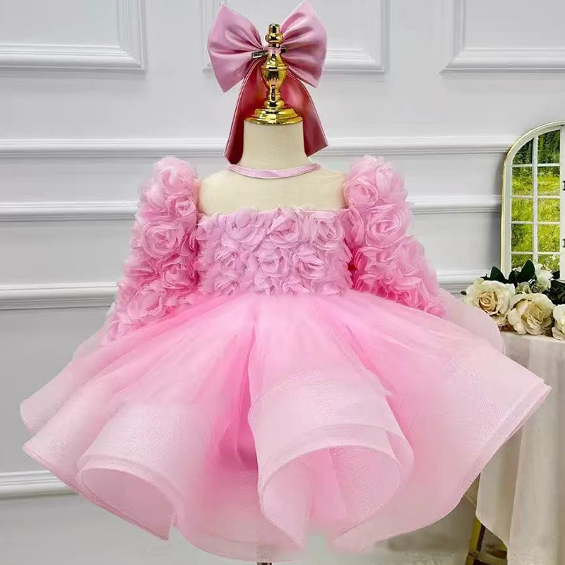 Chemical Fiber Blend Split Joint Long Sleeve Midi Dresses - Pink - 12-13Y - image 1