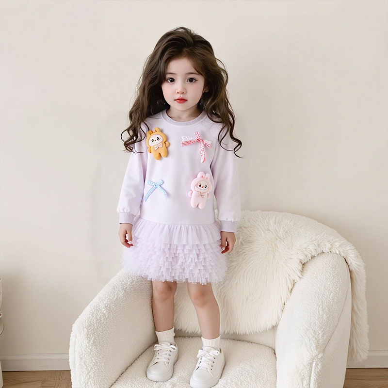 [Archive Sale] Fleece Fabric Pendant Long Sleeve Midi Dresses - Purple - 4-5Y - image 1