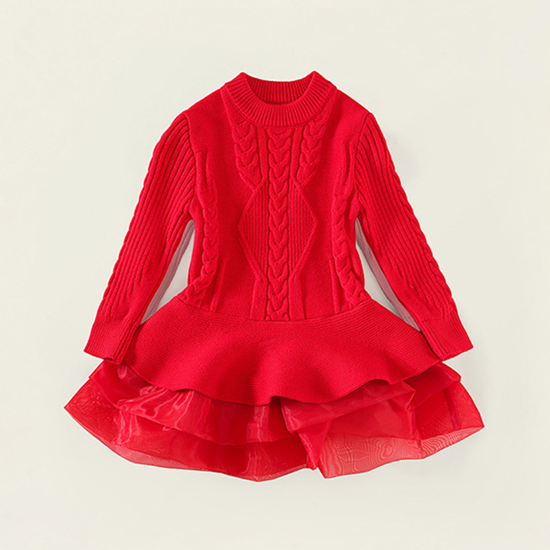 Yarn/wool Yarn Split Joint Long Sleeve Midi Dresses - Red - 9-10Y - image 1