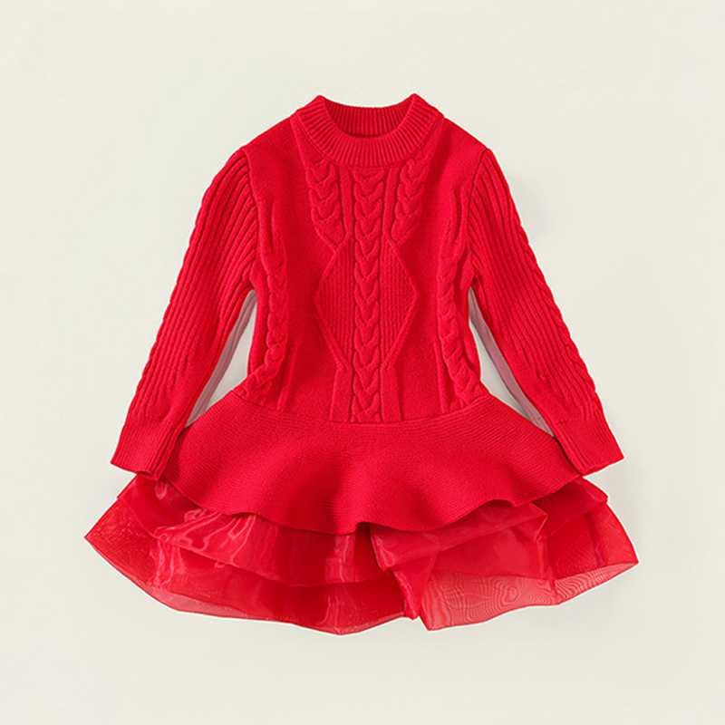 Yarn/wool Yarn Split Joint Long Sleeve Midi Dresses - Red - 9-10Y - image 1