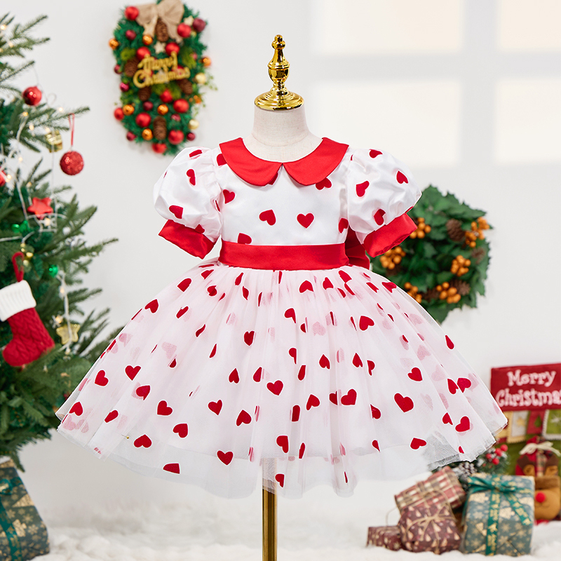 Mesh Heart/cordate Bow Short Sleeve Mid-long Dresses - Red - 15-16Y - image 1