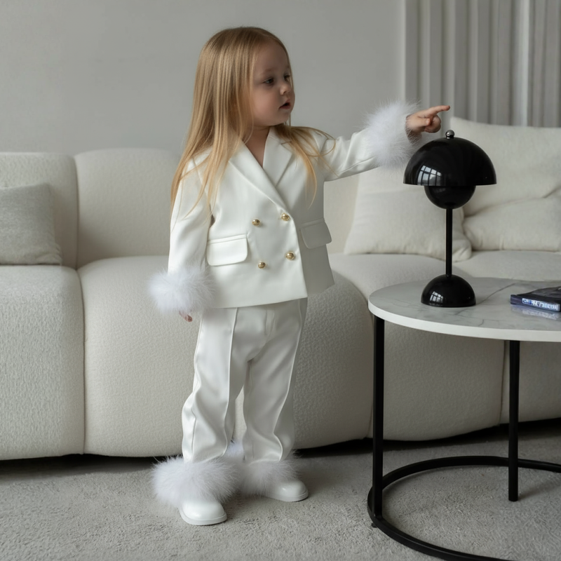 Acetate Feather-trimmed Removable Long Sleeve Two-piece Set - White Pants - 8Y - image 1