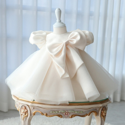 Mesh Bow Short Sleeve Midi Dresses - White - 15-16Y - image 1