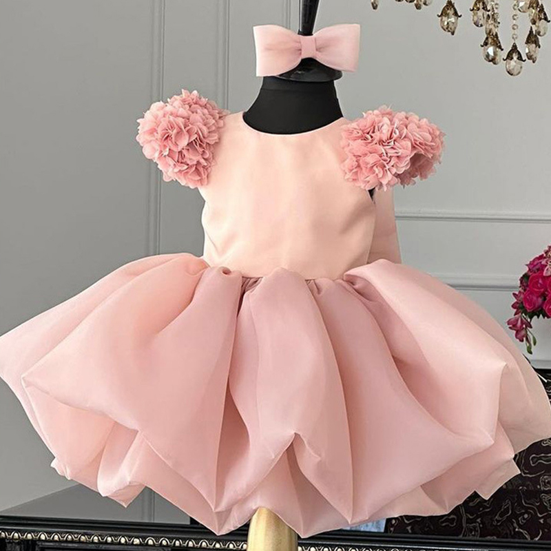 Organza Rosette Short Sleeve Midi Dresses - Pink - 11-13Y - image 1