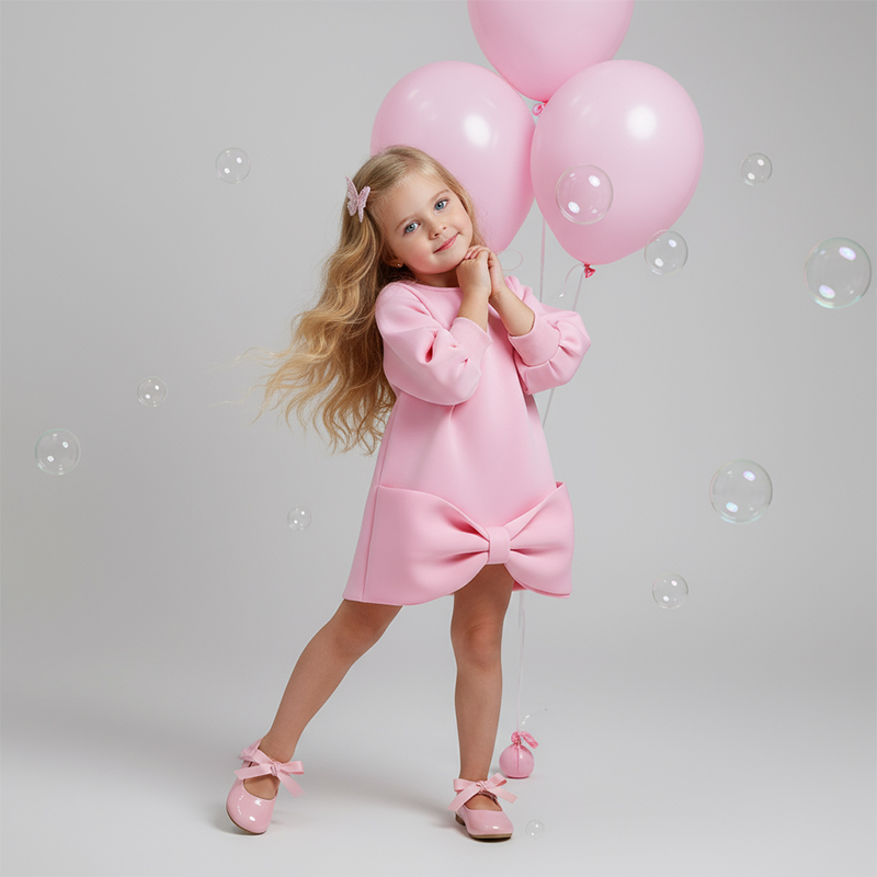 [Archive Sale] Scuba Knit Bow Long Sleeve Midi Dresses - Pink - 1-2Y【90cm】 - image 1