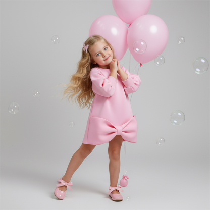 [Archive Sale] Scuba Knit Bow Long Sleeve Midi Dresses - Pink - 1-2Y【90cm】 - image 1