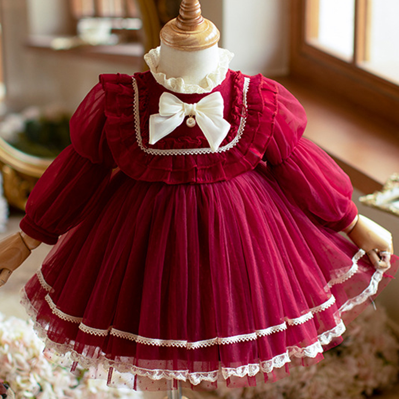 Cotton Folds Lace Long Sleeve Mid-long Dresses - Red - 140cm - image 12