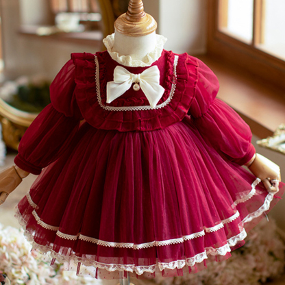 Cotton Folds Lace Long Sleeve Mid-long Dresses - Red - 140cm - image 12