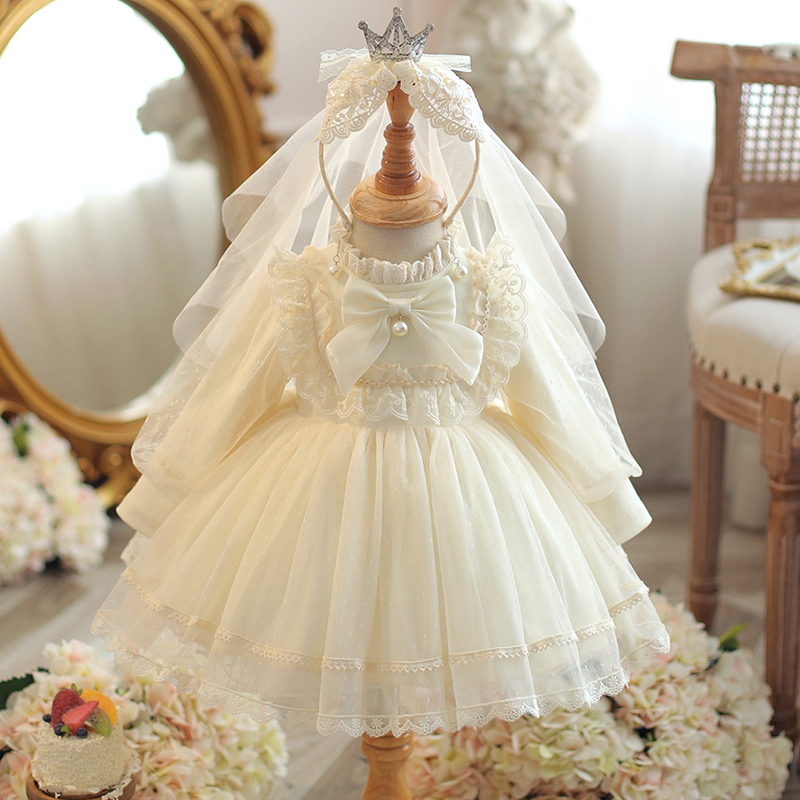 Cotton Folds Lace Long Sleeve Mid-long Dresses - Apricot - 140cm - image 1