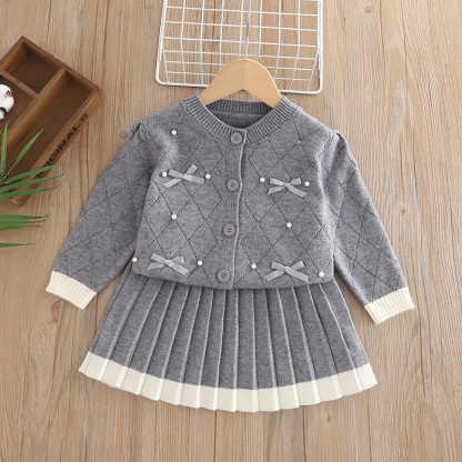 [Archive Sale] Yarn/wool Yarn Bow Imitation Pearls Long Sleeve Regular Two-piece Set - image 3