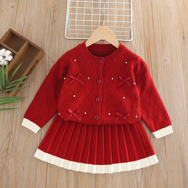 Yarn/wool Yarn Bow Imitation Pearls Long Sleeve Regular Two-piece Set - image 16
