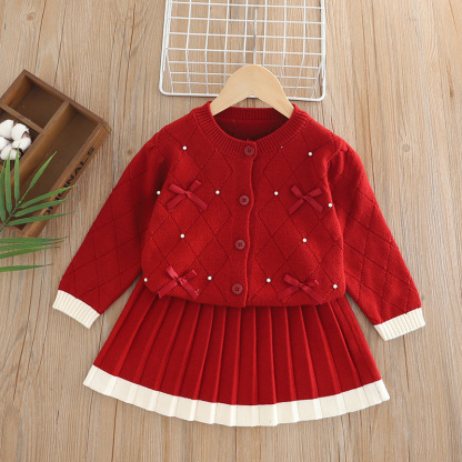 Yarn/wool Yarn Bow Imitation Pearls Long Sleeve Regular Two-piece Set - image 16
