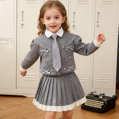 [Archive Sale] Yarn/wool Yarn Bow Imitation Pearls Long Sleeve Regular Two-piece Set - Grey - 110cm - image 1
