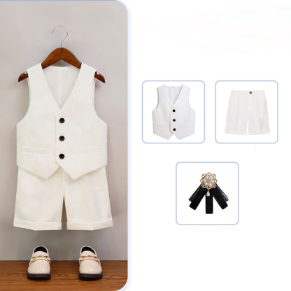 Chemical Fiber Blend Piping Long Sleeve Regular 7-piece Formal Suit - White - Short Sleeved Vest 3-Piece Set - 170cm - image 1