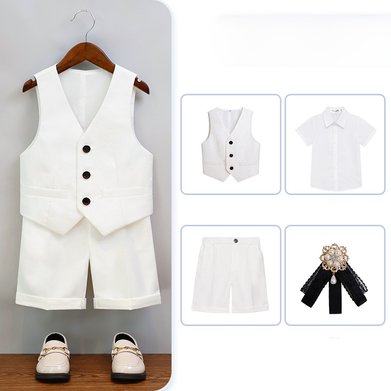 Chemical Fiber Blend Piping Long Sleeve Regular 7-piece Formal Suit - White - Shorts Short Sleeved Vest 4-Piece Set - 170cm - image 2