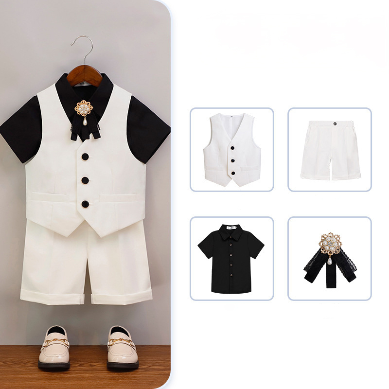 Chemical Fiber Blend Piping Long Sleeve Regular 7-piece Formal Suit - White - Shorts Shirt Vest 4-Piece Set - 170cm - image 3