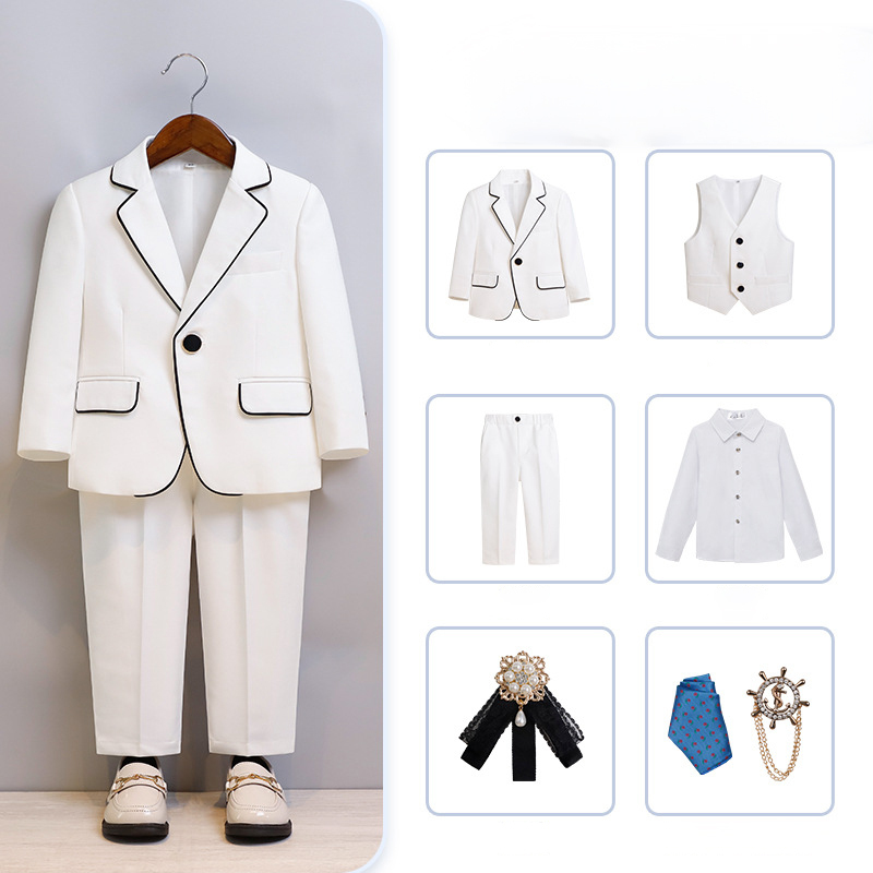 Chemical Fiber Blend Piping Long Sleeve Regular 7-piece Formal Suit - White - Suit White Shirt 7-Piece Set - 170cm - image 6