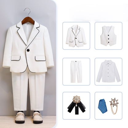Chemical Fiber Blend Piping Long Sleeve Regular 7-piece Formal Suit - White - Suit White Shirt 7-Piece Set - 170cm - image 6