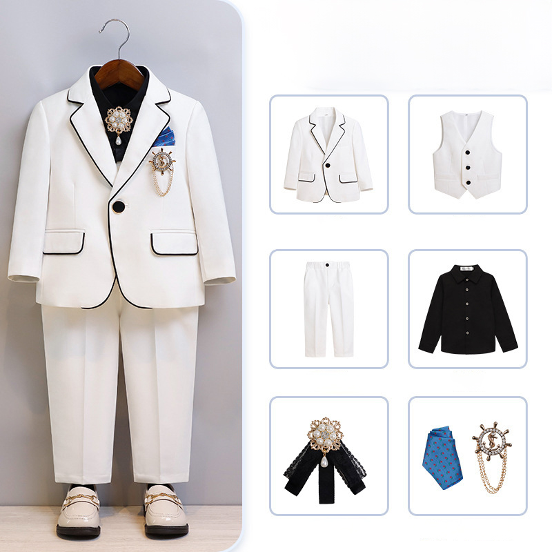 Chemical Fiber Blend Piping Long Sleeve Regular 7-piece Formal Suit - White - Suit Black Shirt 7-Piece Set - 170cm - image 8