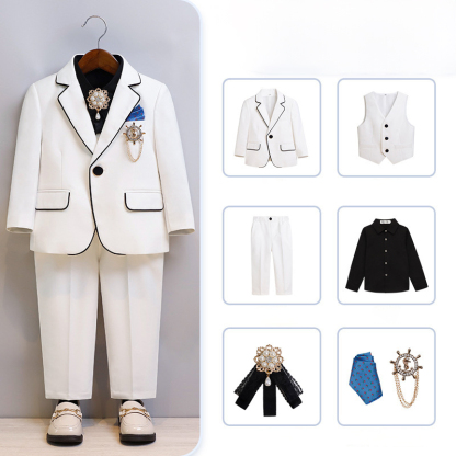 Chemical Fiber Blend Piping Long Sleeve Regular 7-piece Formal Suit - White - Suit Black Shirt 7-Piece Set - 170cm - image 8