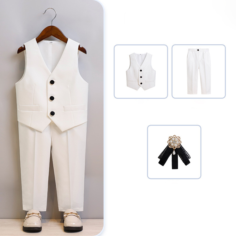 Chemical Fiber Blend Piping Long Sleeve Regular 7-piece Formal Suit - White - Long Pants Vest 3-Piece Set - 170cm - image 9