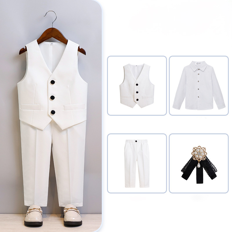Chemical Fiber Blend Piping Long Sleeve Regular 7-piece Formal Suit - White - Long Pants Long Sleeved Vest 4-Piece Set - 170cm - image 10