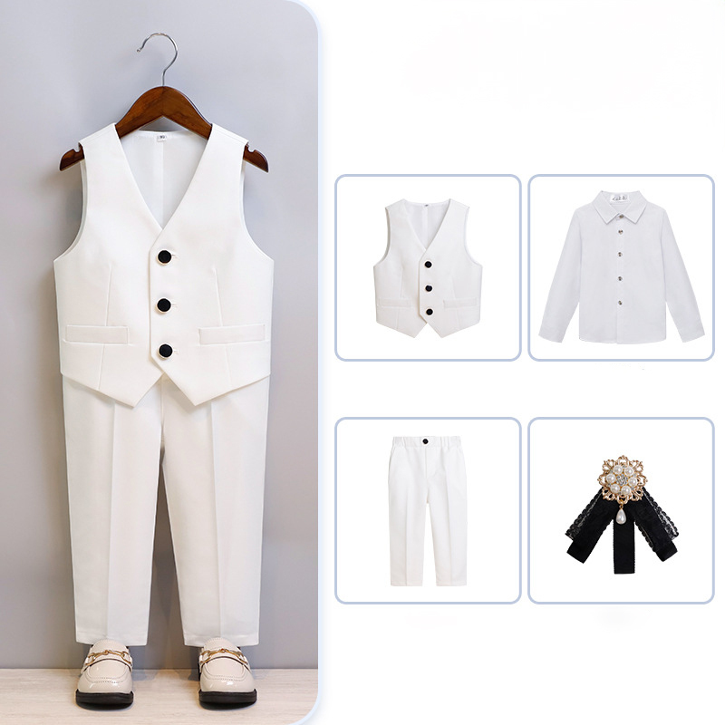 Chemical Fiber Blend Piping Long Sleeve Regular 7-piece Formal Suit - White - Long Pants Long Sleeved Vest 4-Piece Set - 170cm - image 10