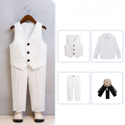 Chemical Fiber Blend Piping Long Sleeve Regular 7-piece Formal Suit - White - Long Pants Long Sleeved Vest 4-Piece Set - 170cm - image 10