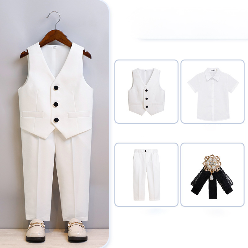 Chemical Fiber Blend Piping Long Sleeve Regular 7-piece Formal Suit - White - Long Pants Short Shirt Vest 4-Piece Set - 170cm - image 11
