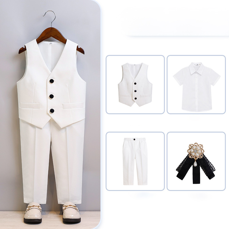Chemical Fiber Blend Piping Long Sleeve Regular 7-piece Formal Suit - White - Long Pants Short Shirt Vest 4-Piece Set - 170cm - image 11