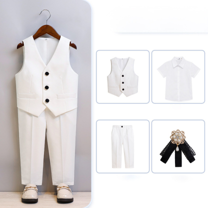 Chemical Fiber Blend Piping Long Sleeve Regular 7-piece Formal Suit - White - Long Pants Short Shirt Vest 4-Piece Set - 170cm - image 11